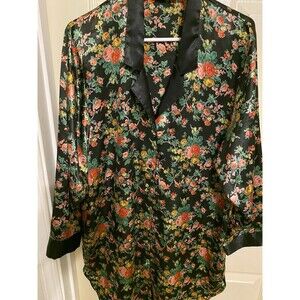 Victoria's Secret Vintage Gold Label Black Satin Sleep Shirt Floral Rose Chemise